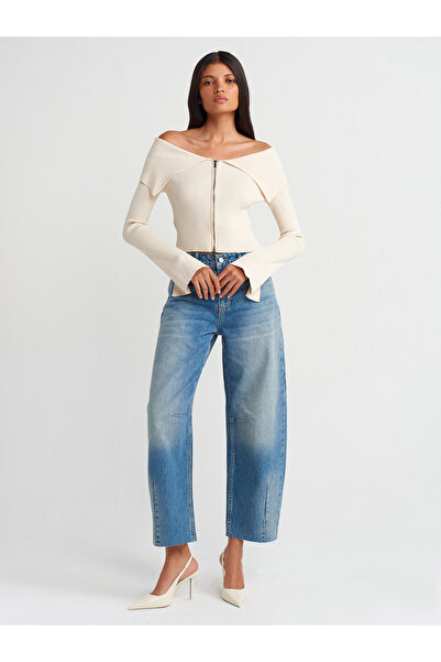 Dilvin 60252 Zippered Ribbed Knitwear Top-A.Natural