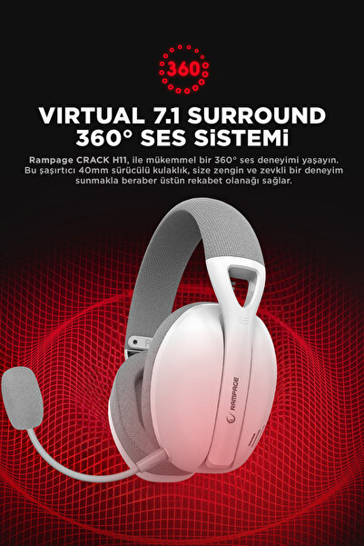 Rampage Crack H11 Beyaz 2.4ghz Usb + Bluetooth Kablosuz Mikrofonlu Profesyonel Gaming Oyuncu Kulaklığı 7.1