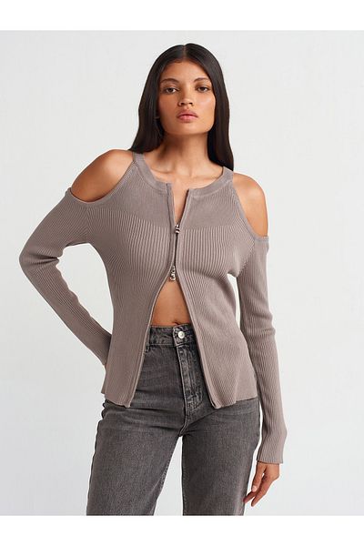 Dilvin 60259 Mink Knitwear Cardigan - Zippered, Slit and Open Shoulder Detail
