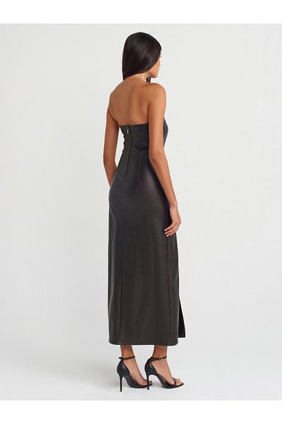 Dilvin 90813 Model - Strapless Brown Faux Leather Dress with Stitching Detail