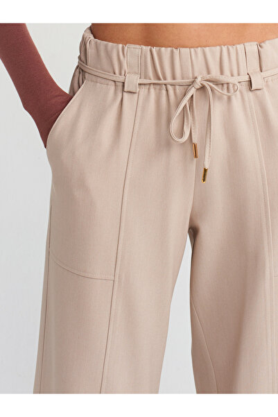 Dilvin 71546 Stone Colored Wide Leg Trousers with Elastic Waist