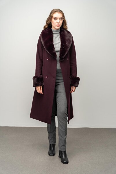 Olcay Double Breasted Coat - Detachable Fur and Intermediate Length, DAMSON 3043