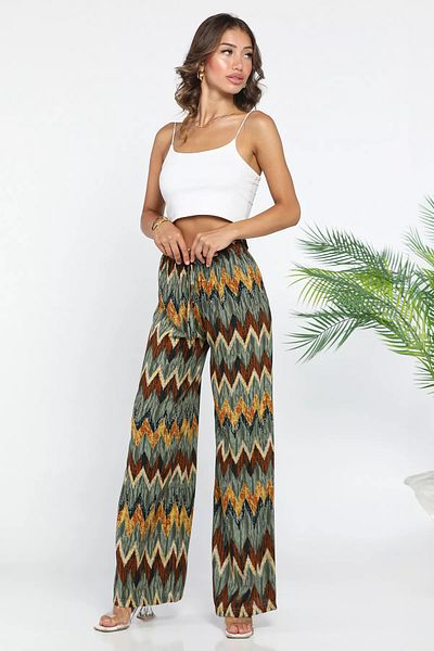 GÜLSELİ Khaki Women's Patterned Wide Leg Trousers
