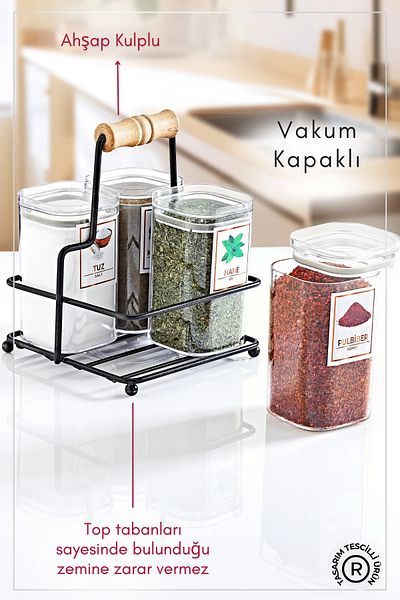 GRİMOR Life Mica Spice Jar Set with Metal Stand and Vacuum Lid of 4 250 cc - Adel Spice Set - With Label Gift