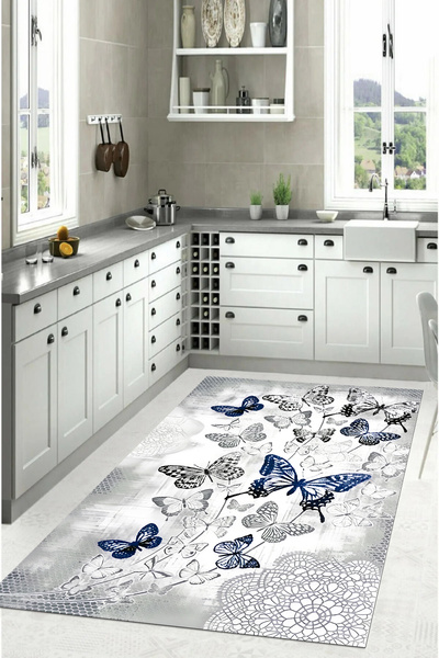 Napoli Home Dijital Baskılı Kelebek Desenli Yıkanabilir Kaymaz Taban Yolluk Salon Mutfak Halısı