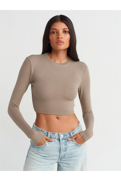Dilvin 31236 Uzun Kollu Crop Top-Açık Vizon