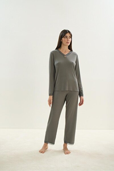 Sevim Хакі кольоровий довгий рукав кашкорсе жіночий піжамний комплект - C7T7N1O61