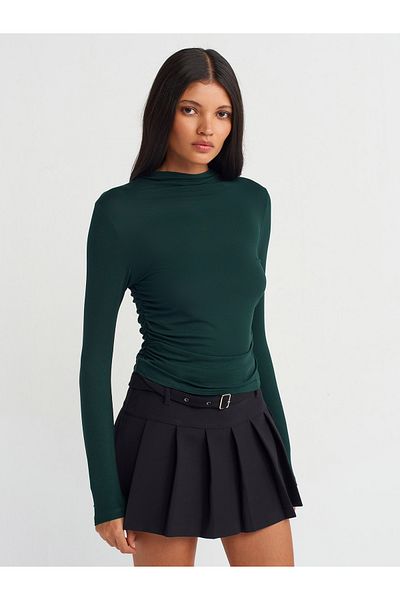 Dilvin 30504 Gathered Viscose Long Sleeve Top-N.Green