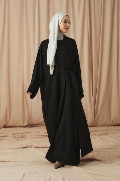 ELF PRIVE KETEN BAĞLAMA DETAYLI ABAYA-SİYAH