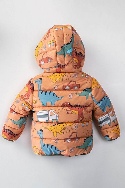 MDM Trend Pickup Truck & Dinosaur Patterned Fleece Lined Inside Hooded Winter Plush Inside Baby Boy Coat Inflatable