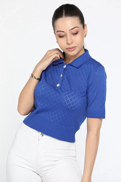 GÜLSELİ Γυναικεία πλεκτή μπλούζα Lycra με λαιμόκοψη Sax Blue με μοτίβο μπροστά με κουμπί