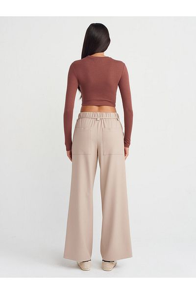 Dilvin 71546 Stone Colored Wide Leg Trousers with Elastic Waist