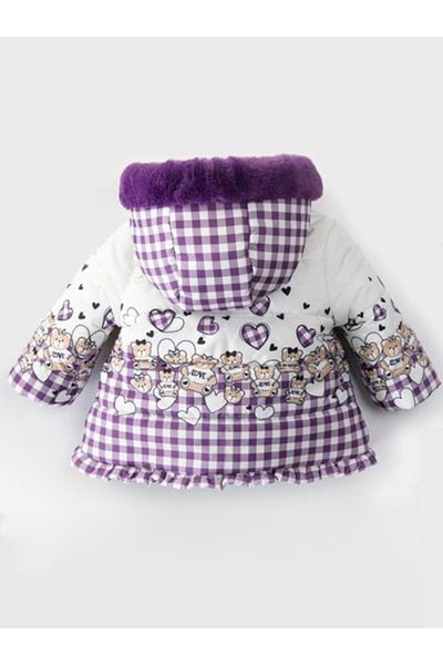 MDM Bear Printed Plush Baby Girl Coat - Ruffle Detailed, Gilded, Fur Hood, Inflatable