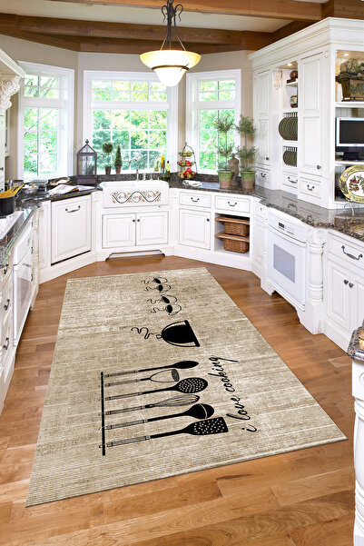 Napoli Home Baskılı Kahve Fincan Desenli Yıkanabilir Kaymaz Taban Yolluk Salo...