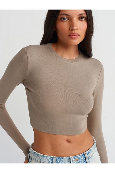 Dilvin 31236 Light Mink Long Sleeve Crop Top