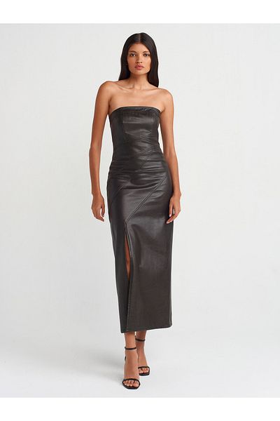 Dilvin 90813 Model - Strapless Brown Faux Leather Dress with Stitching Detail