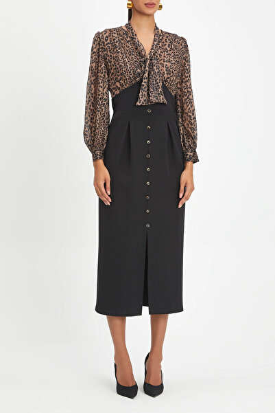 SERPİL Leopar Desenli Bağcıklı Yaka Uzun Kollu Düğme Detaylı Vizon Kalem Elbi...