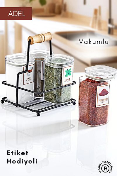 GRİMOR Life Mica Spice Jar Set with Metal Stand and Vacuum Lid of 4 250 cc - Adel Spice Set - With Label Gift