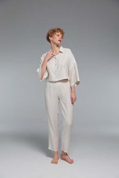 Pelopea Çizgili Sırtı Dantelli Keten İkili Takım