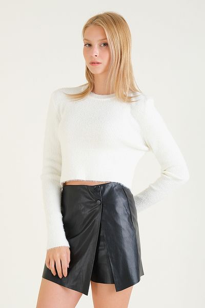 Giyim Dünyası Ecru Women's Crop Sweater - Zero Collar and Feather Design