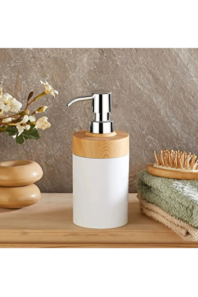 Genel Markalar Limpia Bambu Desenli Krem Renk  5'li Banyo Seti Çöp Kovası, Sıvı Sabunluk, Diş Fırçalık