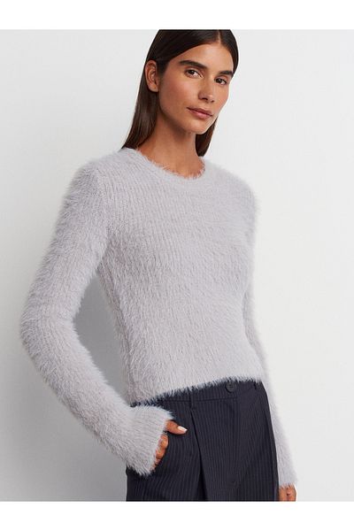 Dilvin 10659 Crew Neck Soft Textured Shiny Knitwear Sweater-Grey