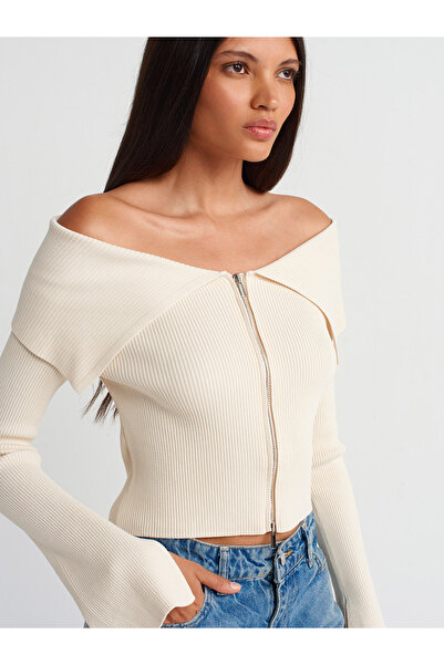 Dilvin 60252 Zippered Ribbed Knitwear Top-A.Natural