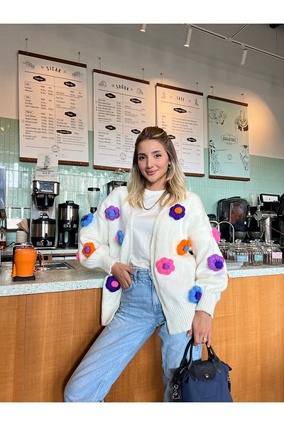 B2K FASHION Cardigan cu flori de culoare albă