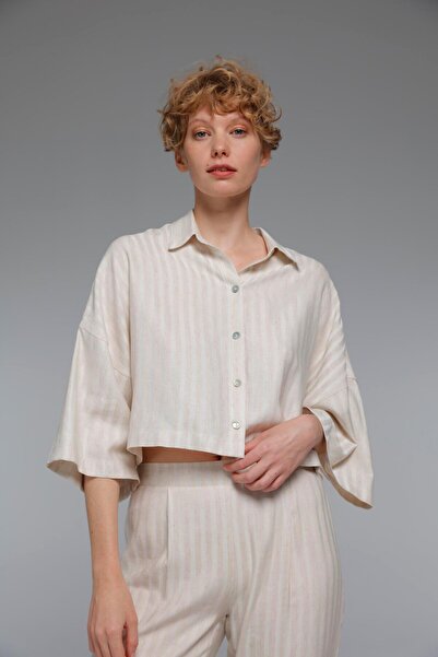 Pelopea Çizgili Sırtı Dantelli Keten İkili Takım