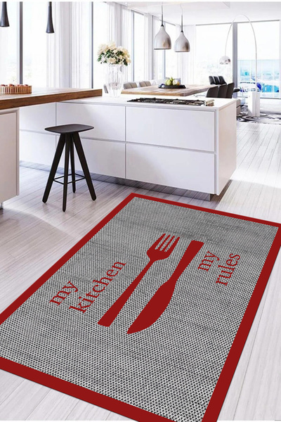 Napoli Home Dijital Baskı Çatal Bıçak Motifli Yıkanabilir Kaymaz Taban Yolluk Salon Mutfak Halısı