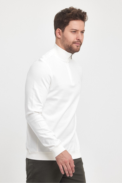 ENQUE Ανδρικό χειμερινό μακρύ φούτερ με φερμουάρ με γιακά λευκό