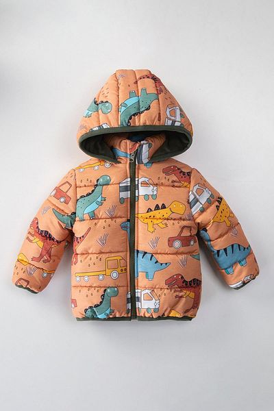 MDM Trend Pickup Truck & Dinosaur Patterned Fleece Lined Inside Hooded Winter Plush Inside Baby Boy Coat Inflatable