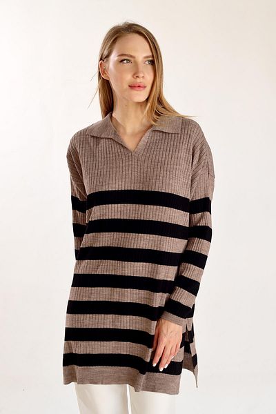Rays 5335 Model Mink Striped Ribbed Knitwear Tunic