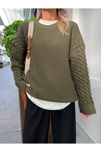 B2K FASHION Khaki Hair Knit Crew Neck Oversize Sweater
