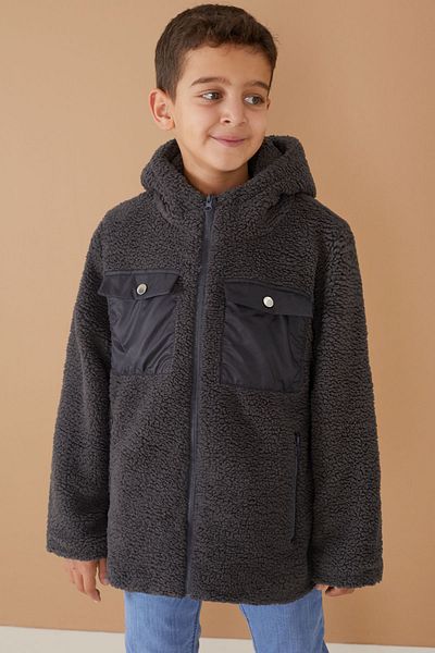 Cansın Mini Плюшен кардиган за момче - опушен, с джоб на гърдите, с качулка, 19503