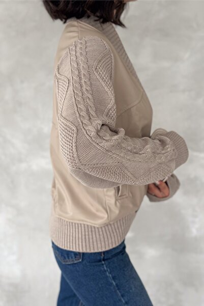 FEMELLE Women's Beige Knitwear Detailed Buttoned Leather Cardigan