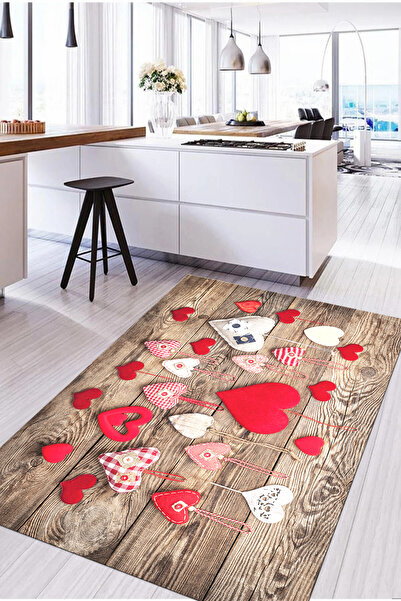 Napoli Home Dijital Baskılı Kalp Motifli Yıkanabilir Kaymaz Taban Yolluk Salon Mutfak Halısı