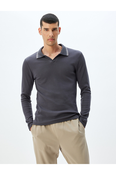 Koton Slim Fit Uzun Kollu Pamuklu V Polo Yaka Tişört