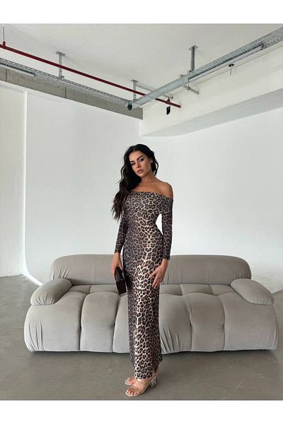 WOST Women's Leopard Print Slit Sandy Fabric Dress Wedding Engagement Graduation Dress