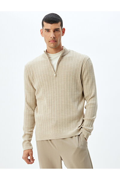Koton Stand Collar Zippered Knitwear Sweater - Wool Blended