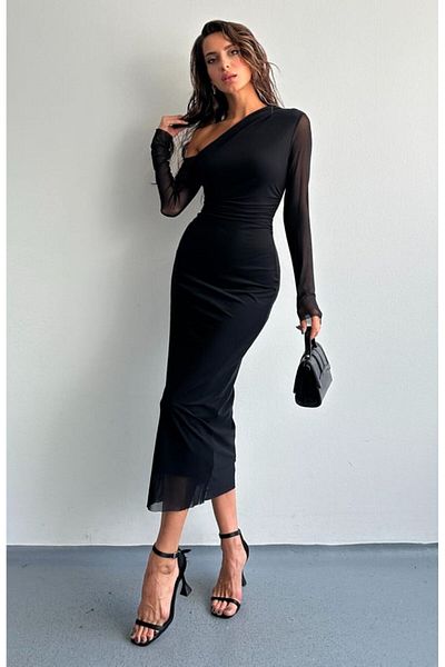 HARMONY GLOBAL Rochie neagră cu un singur umăr, cu detaliu drapat, lungime midi, căptușită din tul 10.227
