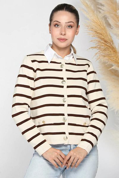 GÜLSELİ Stone-Brown Women's Front Buttoned Stripe Patterned Knitwear Cardigan
