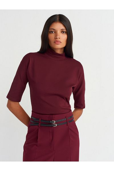 Dilvin 31244 Claret Red Stand Collar T-Shirt