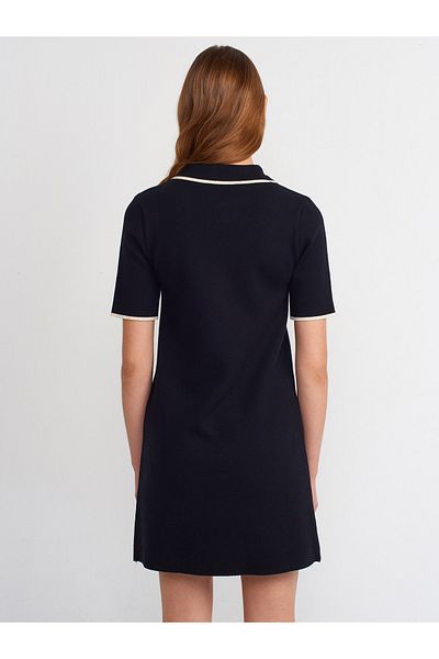 Dilvin 90168 Polo Collar Zippered Short Sleeve Knitwear Dress-Black-Cream