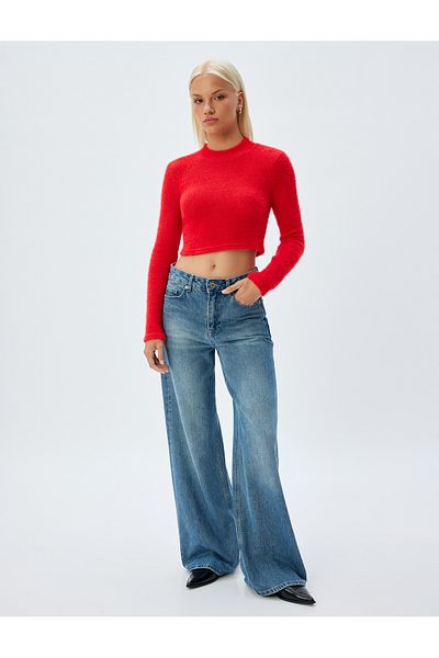 Koton Crop Knitwear Sweater Long Sleeve Round Lightweight Stand Collar Slim Fit