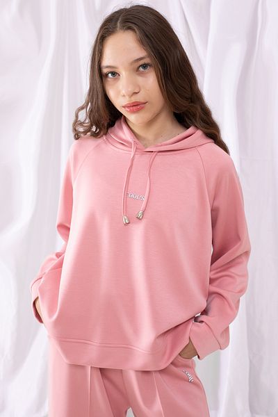 Cansın Mini Σετ φόρμας ροζ Cool Written Hooded Wide Leg για κορίτσια 19533