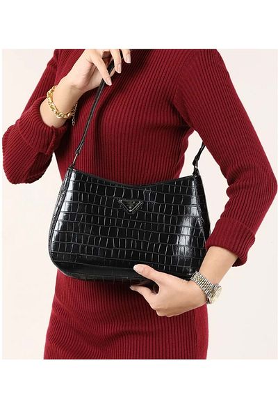 Bagorama Prad Women's Faux Leather Patterned Baguette Shoulder Bag - Black