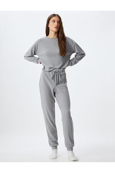 Koton Knitted Jogger Pajamas Comfortable Fit with Elastic Waist and Tie