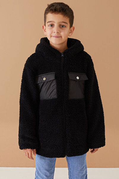 Cansın Mini Boy's Plush Cardigan - Black, Chest Pocket, Hoodie - 19501