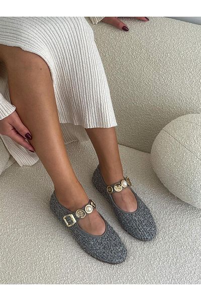 ERVANIN BUTİĞİ Gray Tweed Fabric (Rex) Buckle Detail Women's Ballerinas
